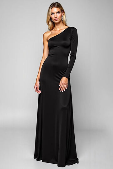 Black Sheath One Shoulder Satin Long Prom Dress with Sleeves